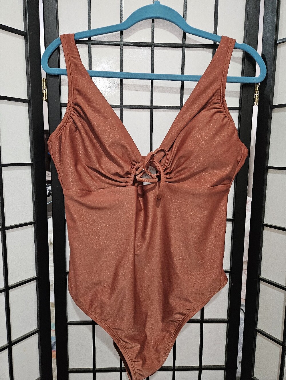 Shade & Shore XL Metallic Burnt Rust  Deep V-neck Key Hole One Piece Swimsuit